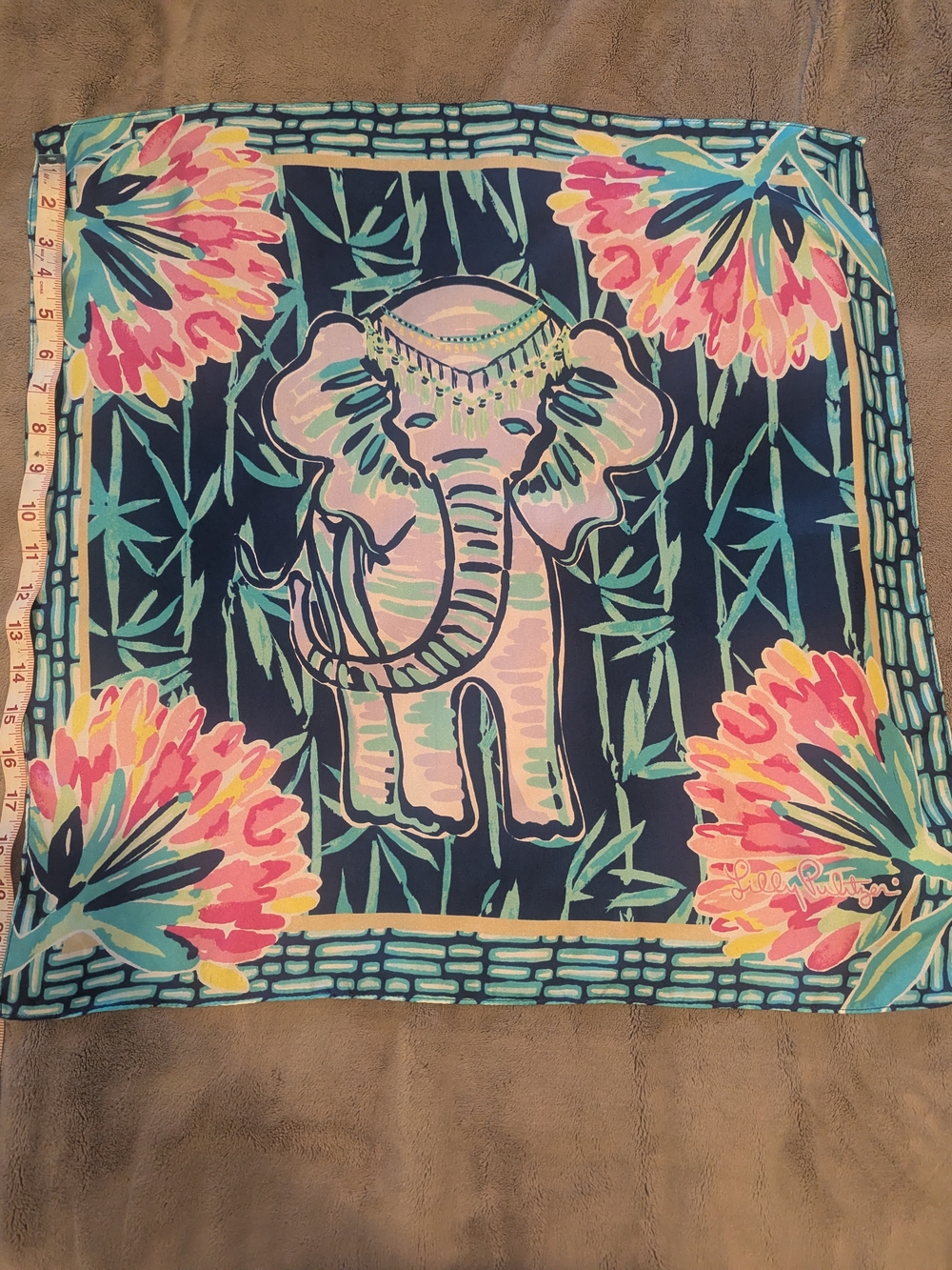 Lilly Pulitzer Silk Scarf Navy & Pink Elephant Floral Border/22"